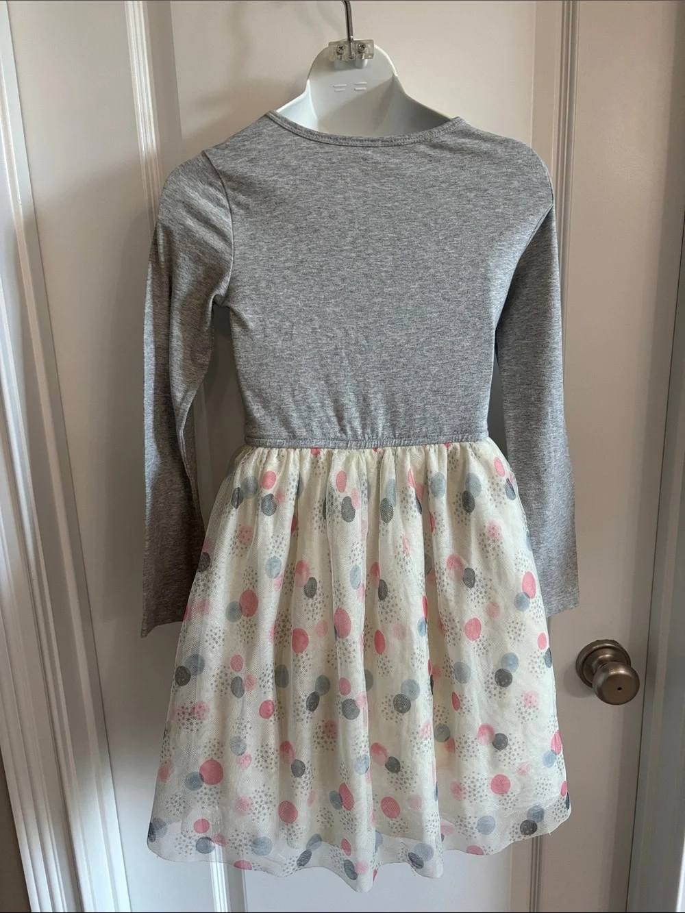 Gymboree big girls size 8 Gray Long-Sleeve Tulle Dress with pink grey dots